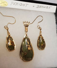 Load image into Gallery viewer, Custom Wire Wrapped Peridot with Bronze set:Earrings, Necklace/Pendant 14kgf