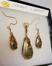 Load image into Gallery viewer, Custom Wire Wrapped Peridot with Bronze set:Earrings, Necklace/Pendant 14kgf