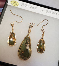 Load image into Gallery viewer, Custom Wire Wrapped Peridot with Bronze set:Earrings, Necklace/Pendant 14kgf