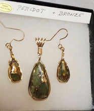 Load image into Gallery viewer, Custom Wire Wrapped Peridot with Bronze set:Earrings, Necklace/Pendant 14kgf