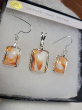 Load image into Gallery viewer, Custom Wire Wrapped Orange Spiny Oyster Set: Earrings Necklace/Pendant Sterling Silver