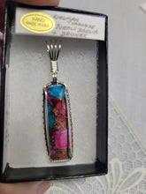 Load image into Gallery viewer, Custom Wire Wrapped Kingman Turquoise Purple Dahlia & Bronze Necklace/Pendant Sterling Silver