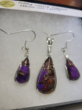 Load image into Gallery viewer, Custom Wire Wrapped Purple Mojave Turquoise Abalone Shell & Bronze Set: Earrings Necklace/Pendant Sterling Silver