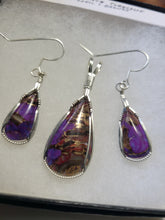 Load image into Gallery viewer, Custom Wire Wrapped Purple Mojave Turquoise Abalone Shell & Bronze Set: Earrings Necklace/Pendant Sterling Silver