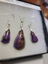 Load image into Gallery viewer, Custom Wire Wrapped Purple Mojave Turquoise Abalone Shell & Bronze Set: Earrings Necklace/Pendant Sterling Silver