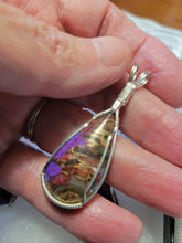 Load image into Gallery viewer, Custom Wire Wrapped Purple Mojave Turquoise Abalone Shell & Bronze Set: Earrings Necklace/Pendant Sterling Silver