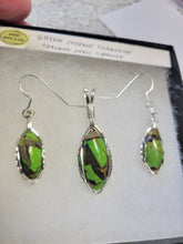 Load image into Gallery viewer, Custom Wire Wrapped Green Mojave Turquoise Abalone Shell & Bronze Set: Earrings, Necklace/Pendant Sterling Silver