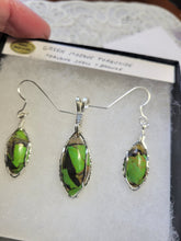 Load image into Gallery viewer, Custom Wire Wrapped Green Mojave Turquoise Abalone Shell & Bronze Set: Earrings, Necklace/Pendant Sterling Silver