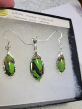 Load image into Gallery viewer, Custom Wire Wrapped Green Mojave Turquoise Abalone Shell & Bronze Set: Earrings, Necklace/Pendant Sterling Silver