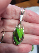 Load image into Gallery viewer, Custom Wire Wrapped Green Mojave Turquoise Abalone Shell & Bronze Set: Earrings, Necklace/Pendant Sterling Silver