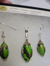 Load image into Gallery viewer, Custom Wire Wrapped Green Mojave Turquoise Abalone Shell & Bronze Set: Earrings, Necklace/Pendant Sterling Silver