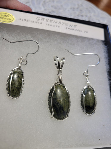 Custom Wire Wrapped Greenstone Set: Earrings, Necklace/Pendant Sterling Silver