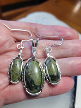 Load image into Gallery viewer, Custom Wire Wrapped Greenstone Set: Earrings, Necklace/Pendant Sterling Silver