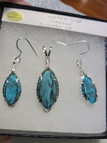 Custom Wire Wrapped Water Web Turquoise Set: Earrings, Necklace/Pendant Sterling Silver
