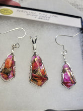 Load image into Gallery viewer, Custom Wire Wrapped Peruvian Pink Opal Spiney Oyster & Bronze Set: Pendant/Necklace Earrings Sterling Silver
