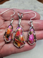 Load image into Gallery viewer, Custom Wire Wrapped Peruvian Pink Opal Spiney Oyster & Bronze Set: Pendant/Necklace Earrings Sterling Silver