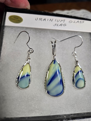 Custom Cut Polished & Wire Wrapped Uranium Glass Slag Set Necklace/Pendant Earrings Sterling Silver