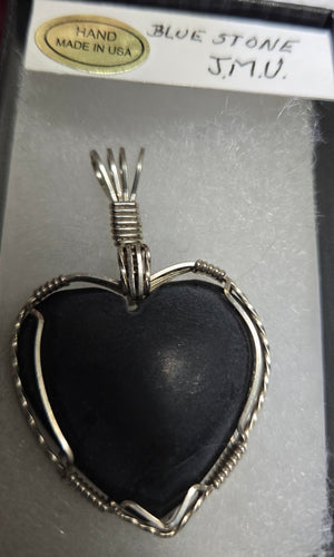 Custom Wire Wrapped Unpolished JMU Blue Stone Heart Necklace/Pendant Sterling Silver