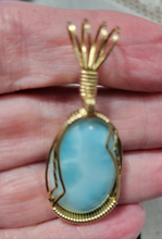 Load image into Gallery viewer, Custom Cut Polished & Wire Wrapped Larimar Necklace/Pendant 14Kgf