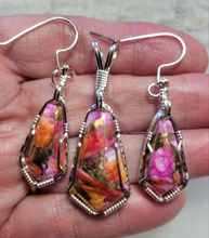 Load image into Gallery viewer, Custom Wire Wrapped Peruvian Pink Opal Spiney Oyster & Bronze Set: Pendant/Necklace Earrings Sterling Silver