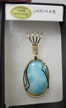 Load image into Gallery viewer, Custom Cut Polished & Wire Wrapped Larimar Necklace/Pendant 14Kgf
