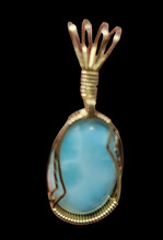 Load image into Gallery viewer, Custom Cut Polished & Wire Wrapped Larimar Necklace/Pendant 14Kgf