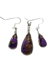 Load image into Gallery viewer, Custom Wire Wrapped Purple Mojave Turquoise Abalone Shell & Bronze Set: Earrings Necklace/Pendant Sterling Silver
