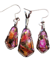 Load image into Gallery viewer, Custom Wire Wrapped Peruvian Pink Opal Spiney Oyster & Bronze Set: Pendant/Necklace Earrings Sterling Silver