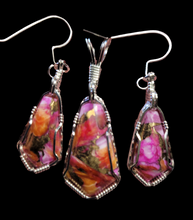 Load image into Gallery viewer, Custom Wire Wrapped Peruvian Pink Opal Spiney Oyster & Bronze Set: Pendant/Necklace Earrings Sterling Silver