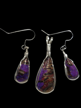 Load image into Gallery viewer, Custom Wire Wrapped Purple Mojave Turquoise Abalone Shell & Bronze Set: Earrings Necklace/Pendant Sterling Silver