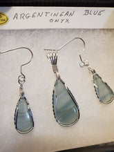 Load image into Gallery viewer, Custom Wire Wrapped Argentinean Blue Onyx Set: Earrings, Necklace/Pendant