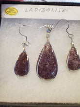Load image into Gallery viewer, Custom wire wrapped Lapidolite Set Earrings, Necklace/Pendant Sterling Silver