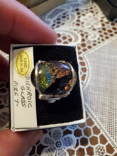 Load image into Gallery viewer, Custom Wire Wrapped Dichroic Glass Ring Sterling Silver Size 7 1/2