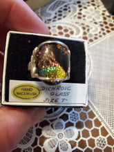 Load image into Gallery viewer, Custom Wire Wrapped Dichroic Glass Ring Sterling Silver Size 7 1/2