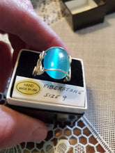Load image into Gallery viewer, Custom Wire Wrapped Fiberstone Teal Blue (Cats Eye) Ring Size 9 Sterling Silver
