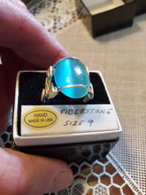 Load image into Gallery viewer, Custom Wire Wrapped Fiberstone Teal Blue (Cats Eye) Ring Size 9 Sterling Silver