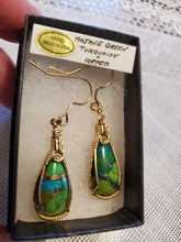 Load image into Gallery viewer, Custom wire wrapped Mojave Green Turquoise & Copper Earrings 14kgf