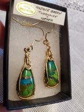 Load image into Gallery viewer, Custom wire wrapped Mojave Green Turquoise & Copper Earrings 14kgf