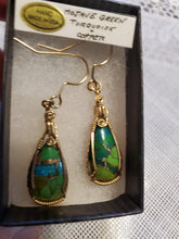 Load image into Gallery viewer, Custom wire wrapped Mojave Green Turquoise & Copper Earrings 14kgf