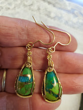 Load image into Gallery viewer, Custom wire wrapped Mojave Green Turquoise & Copper Earrings 14kgf