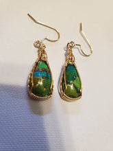 Load image into Gallery viewer, Custom wire wrapped Mojave Green Turquoise & Copper Earrings 14kgf