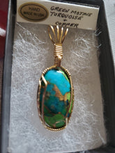 Load image into Gallery viewer, Custom wire wrapped Mojave Green Turquoise & Copper  Necklace/Pendant 14kgf