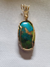 Load image into Gallery viewer, Custom wire wrapped Mojave Green Turquoise & Copper  Necklace/Pendant 14kgf