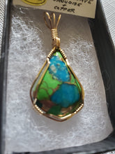Load image into Gallery viewer, Custom wire wrapped Mojave Green Turquoise & Copper  Necklace/Pendant 14kgf