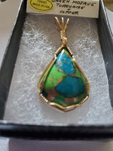 Load image into Gallery viewer, Custom wire wrapped Mojave Green Turquoise & Copper  Necklace/Pendant 14kgf