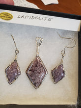 Load image into Gallery viewer, Custom Wire Wrapped Lapidolite Set Earrings Necklace Pendant Sterling Silver