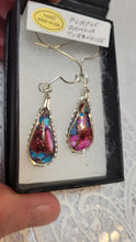 Load image into Gallery viewer, Custom Wire Wrapped Kingman Turquoise Purple Dahlia Earrings Sterling Silver