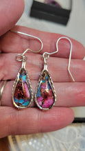 Load image into Gallery viewer, Custom Wire Wrapped Kingman Turquoise Purple Dahlia Earrings Sterling Silver