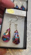Load image into Gallery viewer, Custom Wire Wrapped Kingman Turquoise Purple Dahlia Earrings Sterling Silver