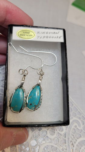 Custom Wire Wrapped Kingman Turquoise Earrings Sterling Silver
